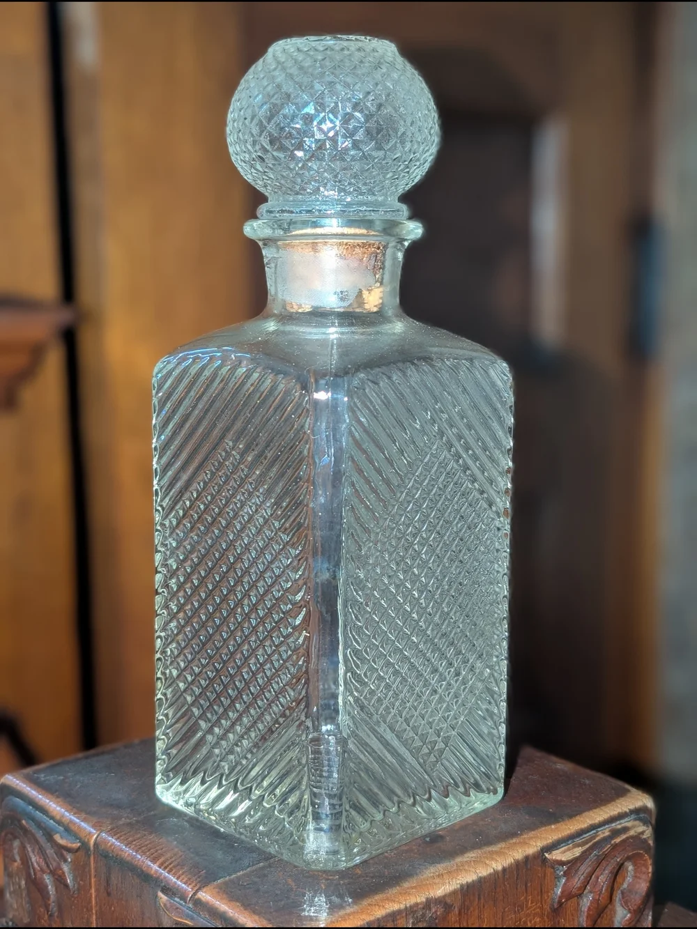 Vintage Glass Diamond Cut Pattern Decanter with Stopper